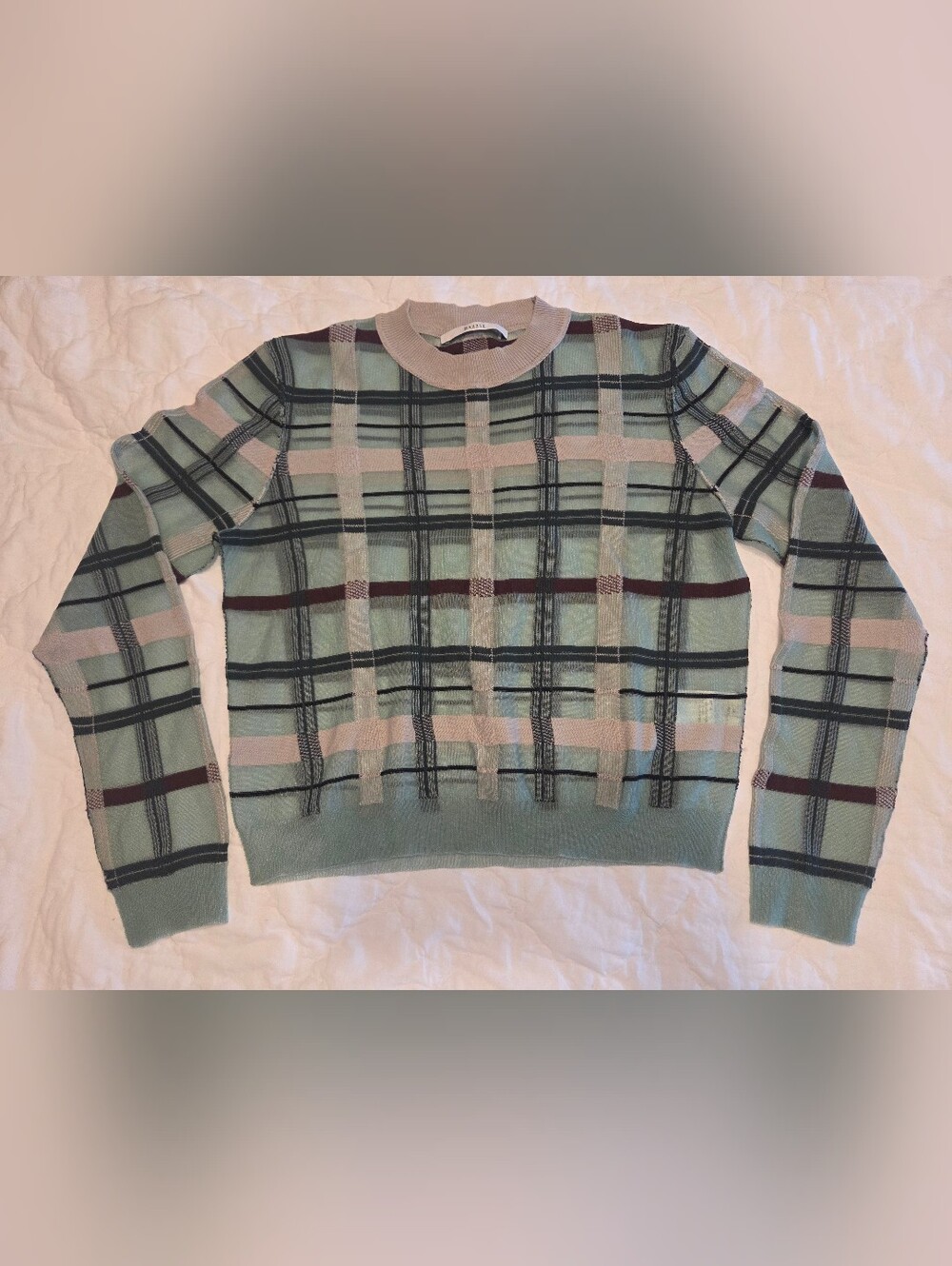 DAZZLE Sheer Plaid Mesh Knit Sweater Light Mint Green Mod Top S